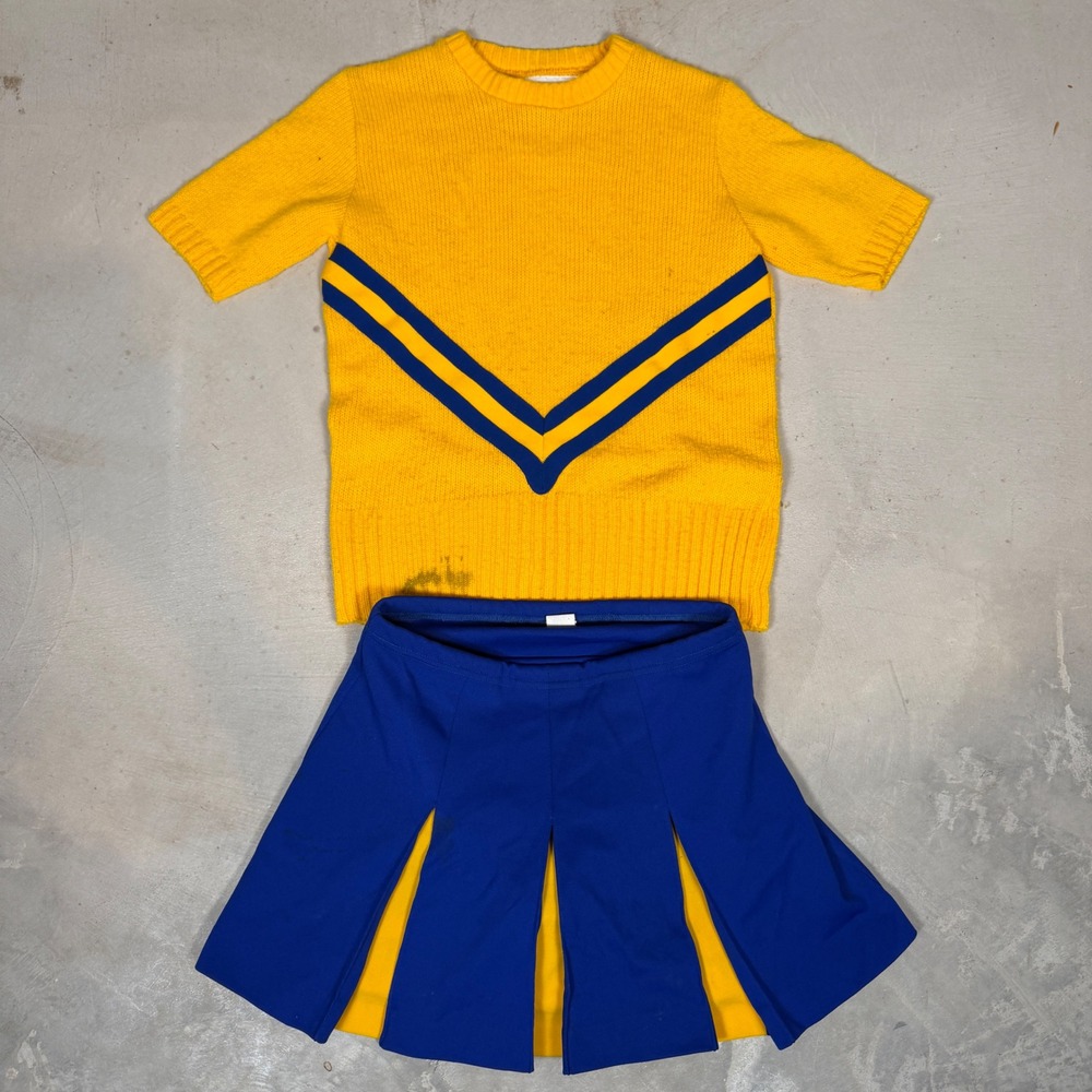 Vintage 1970s Cheerleading outfit Diane Set Yellow Blue Knit Sweater Skirt Med
